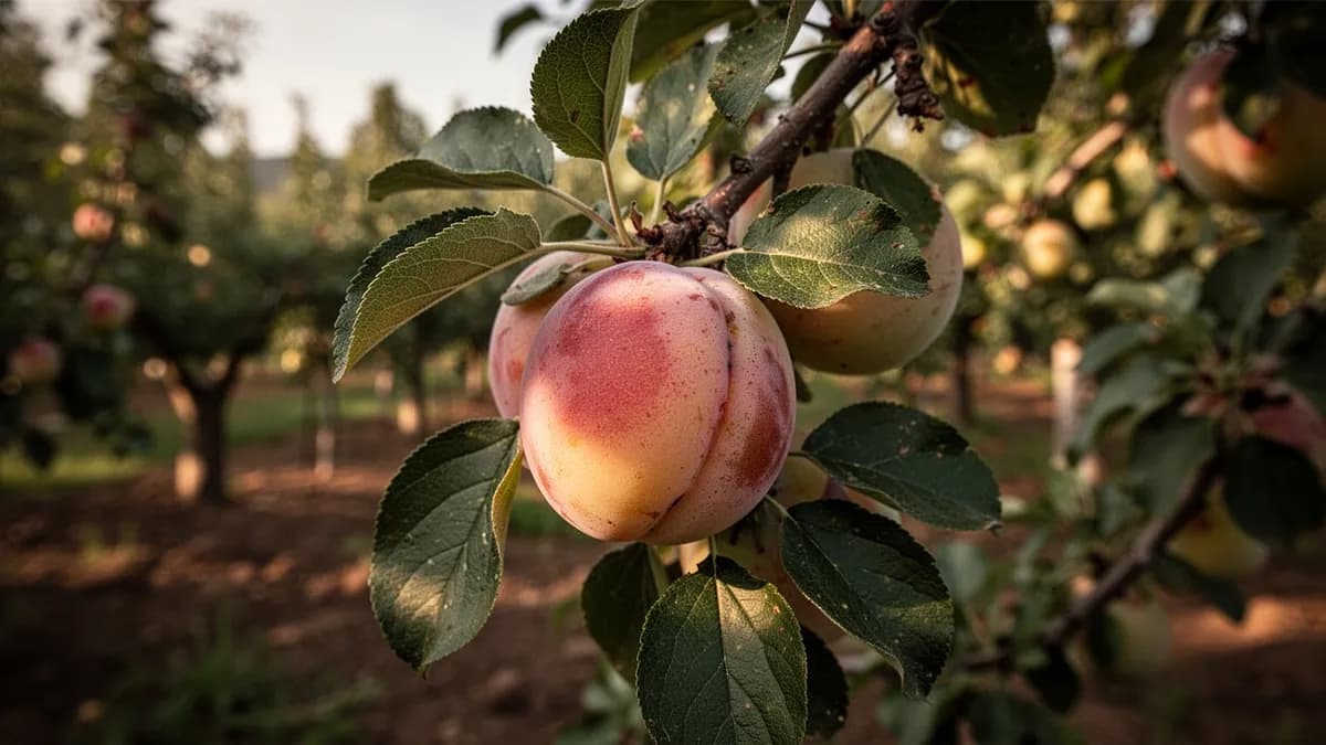 Jardinero podando ramas de plumcot a finales del invierno antes de la brotación
