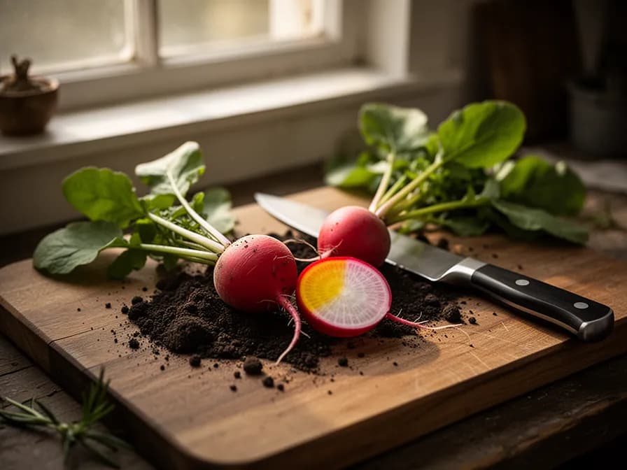 Sliced watermelon radish showing vibrant magenta interior