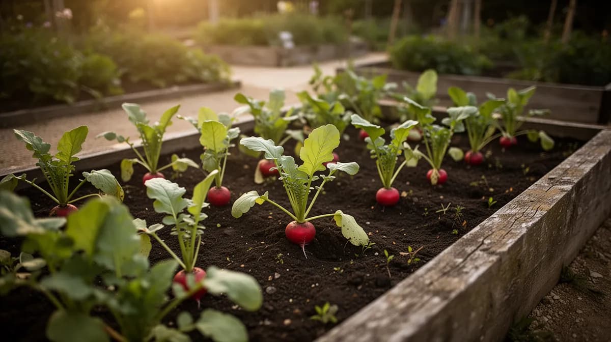 Radish plants with lush green tops in a garden row
