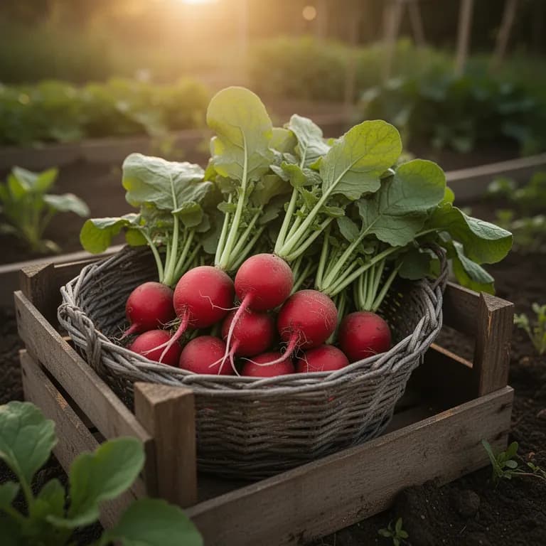 Freshly harvested red radishes with green tops