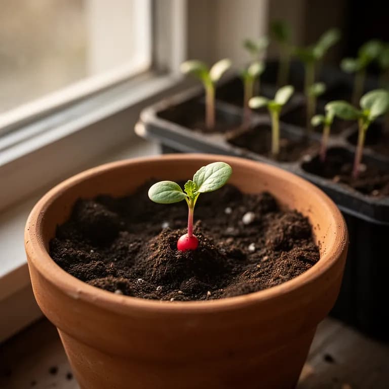 Radish seedlings emerging from soil with cotyledon leaves
