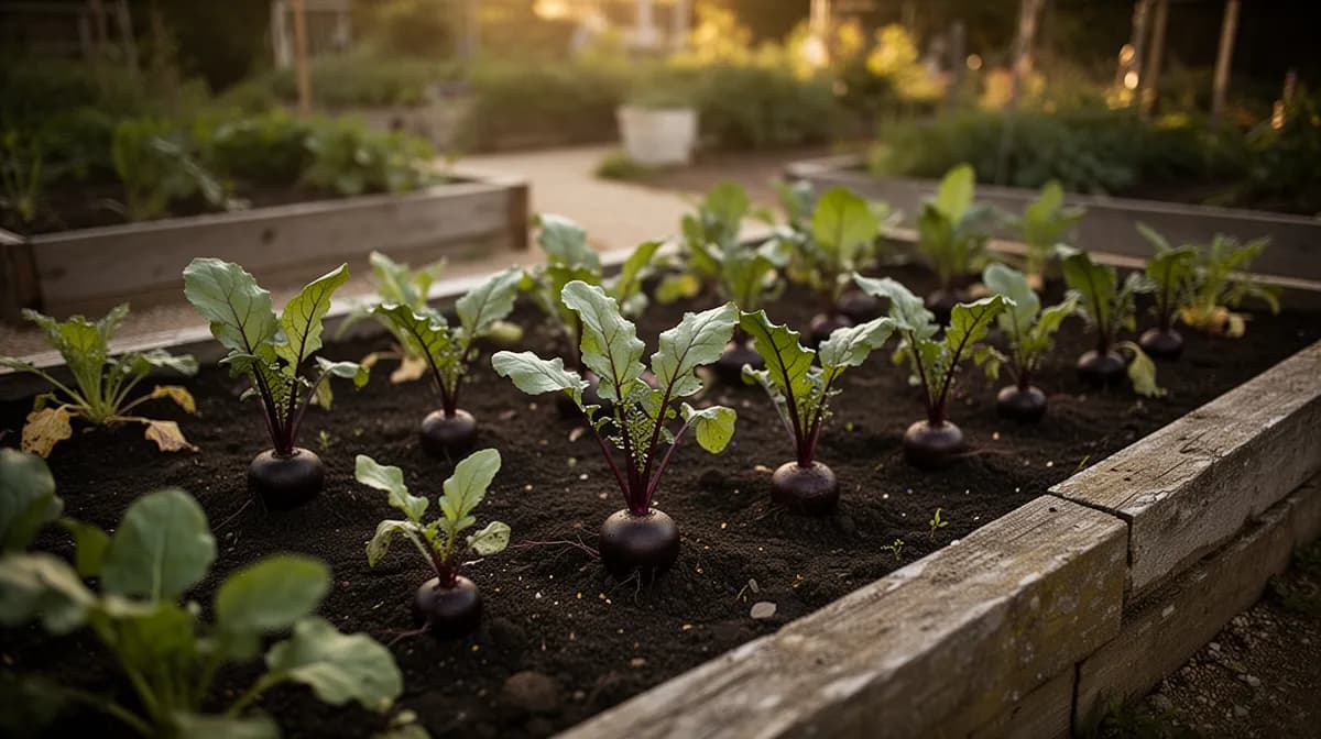 Schwarze Rettichpflanzen mit großen rauen grünen Blättern im Gartenbeet