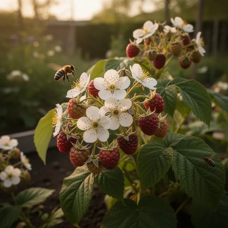 White raspberry blossoms with visiting honeybees in late spring