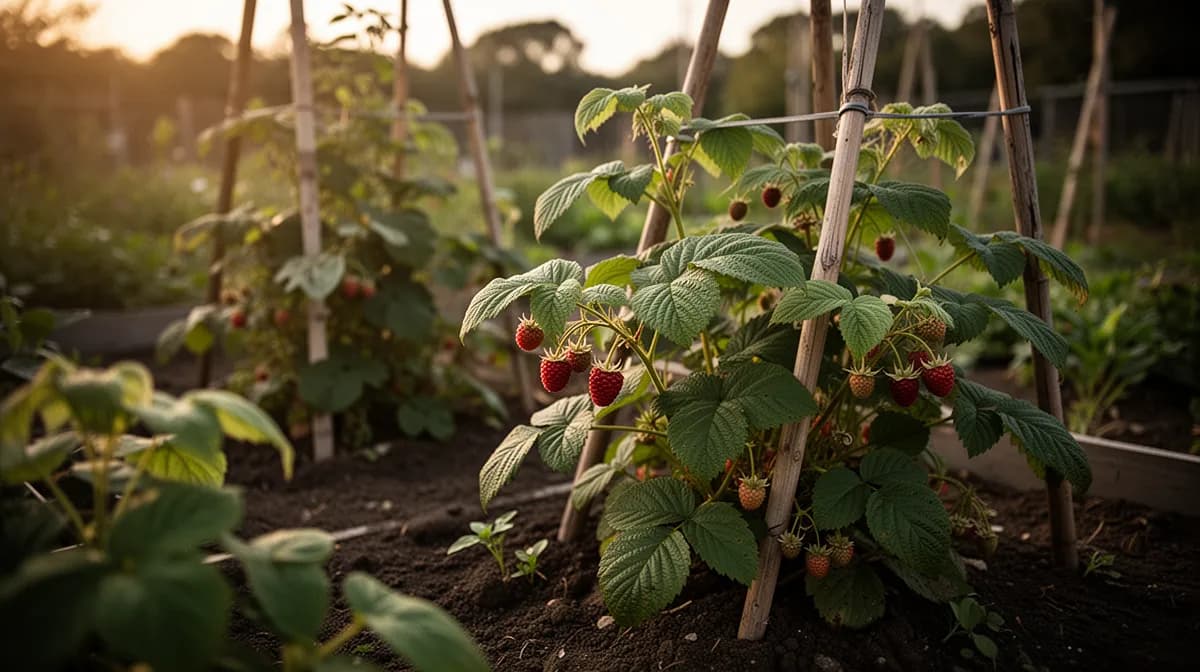 Raspberry patch growing alongside garlic and marigolds as companion plants