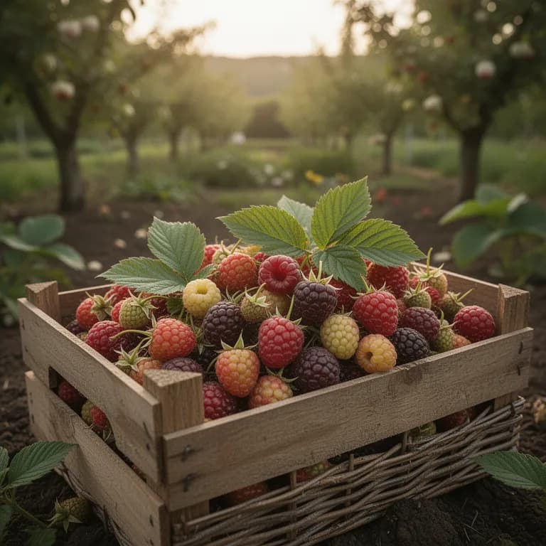 Hands gently picking ripe raspberries into a wooden basket