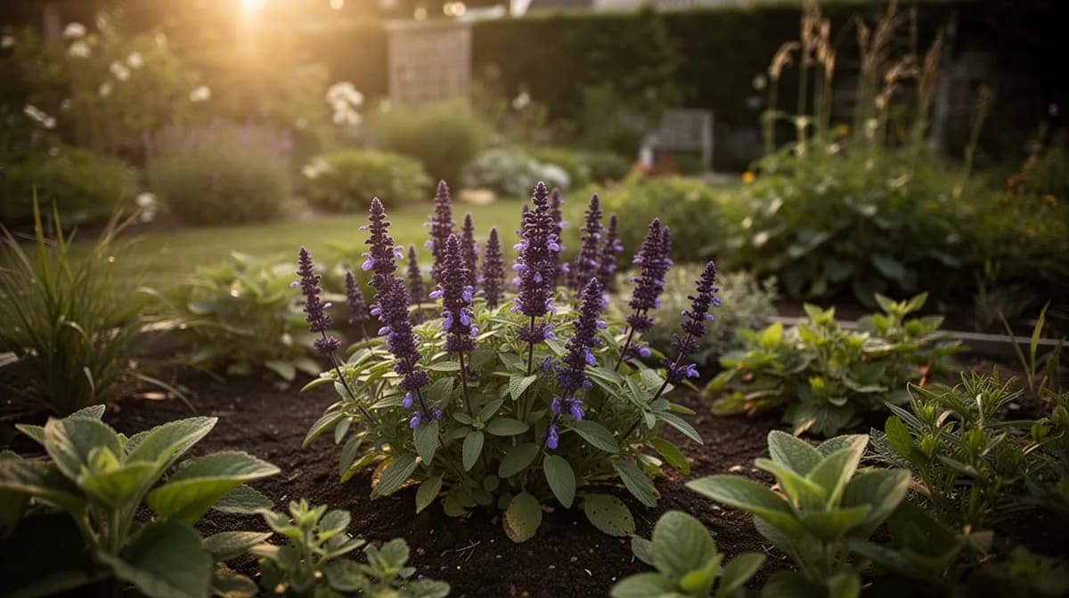 Salvia perenne plantada en una bordura herbácea soleada y mixta
