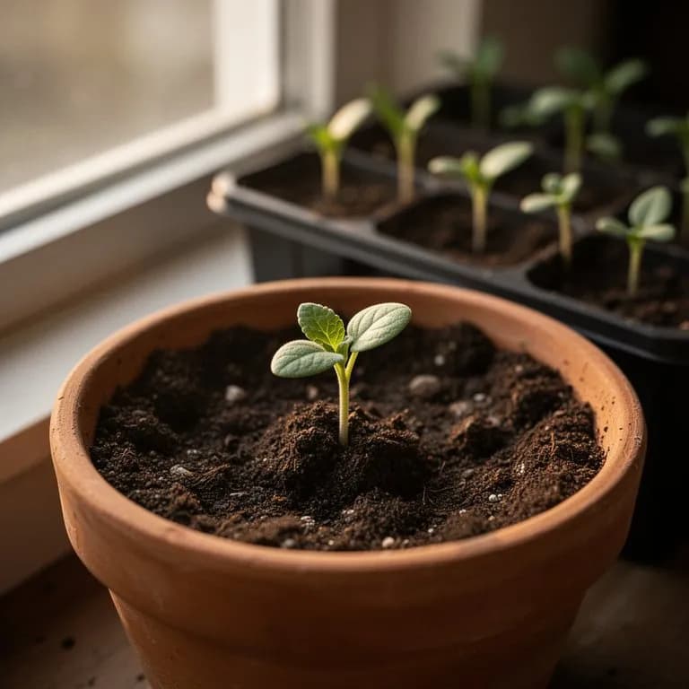 Plántula joven de Salvia nemorosa emergiendo en primavera