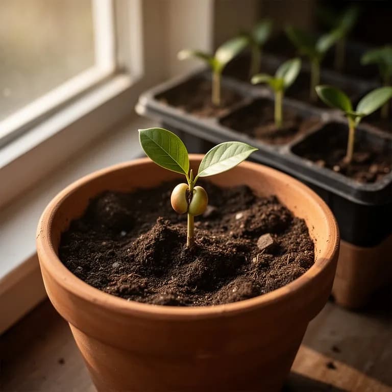 Junger Mamey-Sapote-Sämling mit glänzend dunkelgrünen Blättern, der aus einem Topf wächst