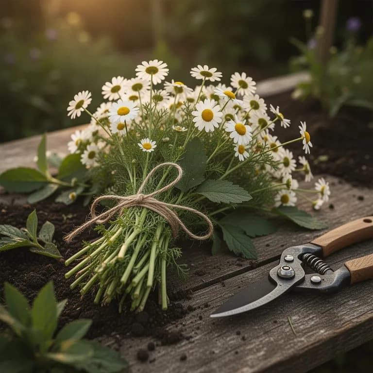 A rustic basket filled with freshly picked scented mayweed blossoms