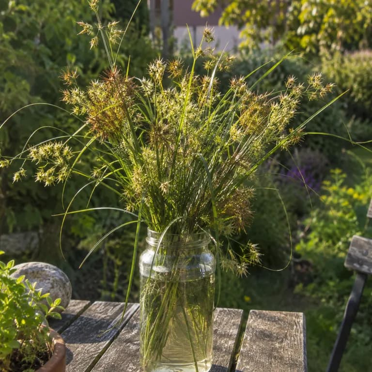 Freshly cut variegated sedge blades arranged in a simple vase