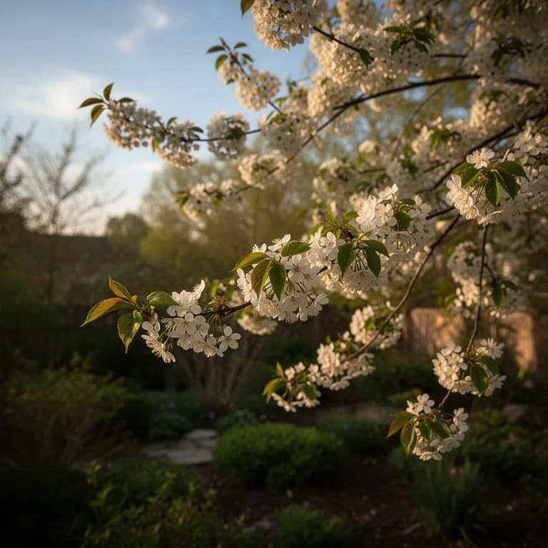 Primer plano de delicadas flores blancas de cinco pétalos de amelanchier con hojas bronces emergentes