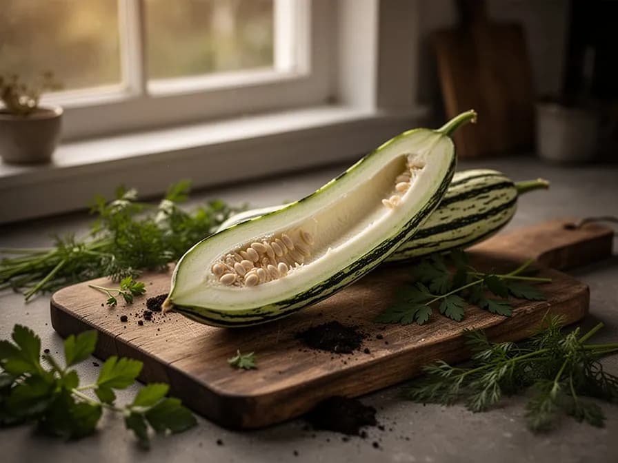 Cross-section of sliced snake gourd showing white spongy flesh and small immature seeds