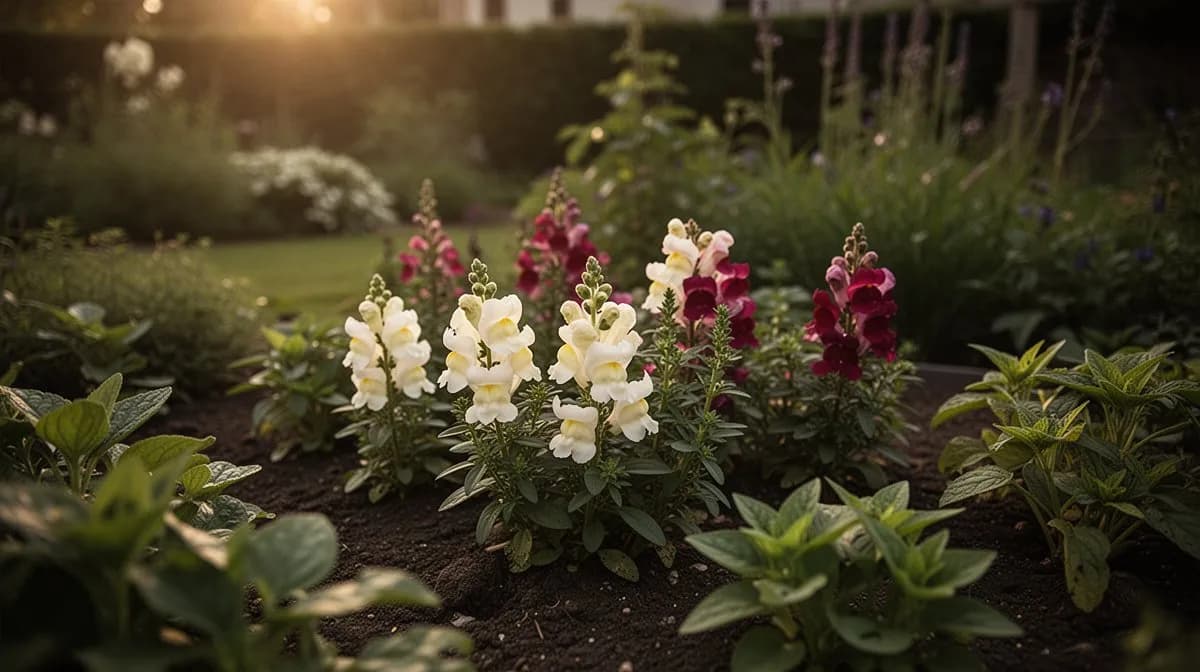 Snapdragons planted alongside petunias and marigolds in a cottage garden bed