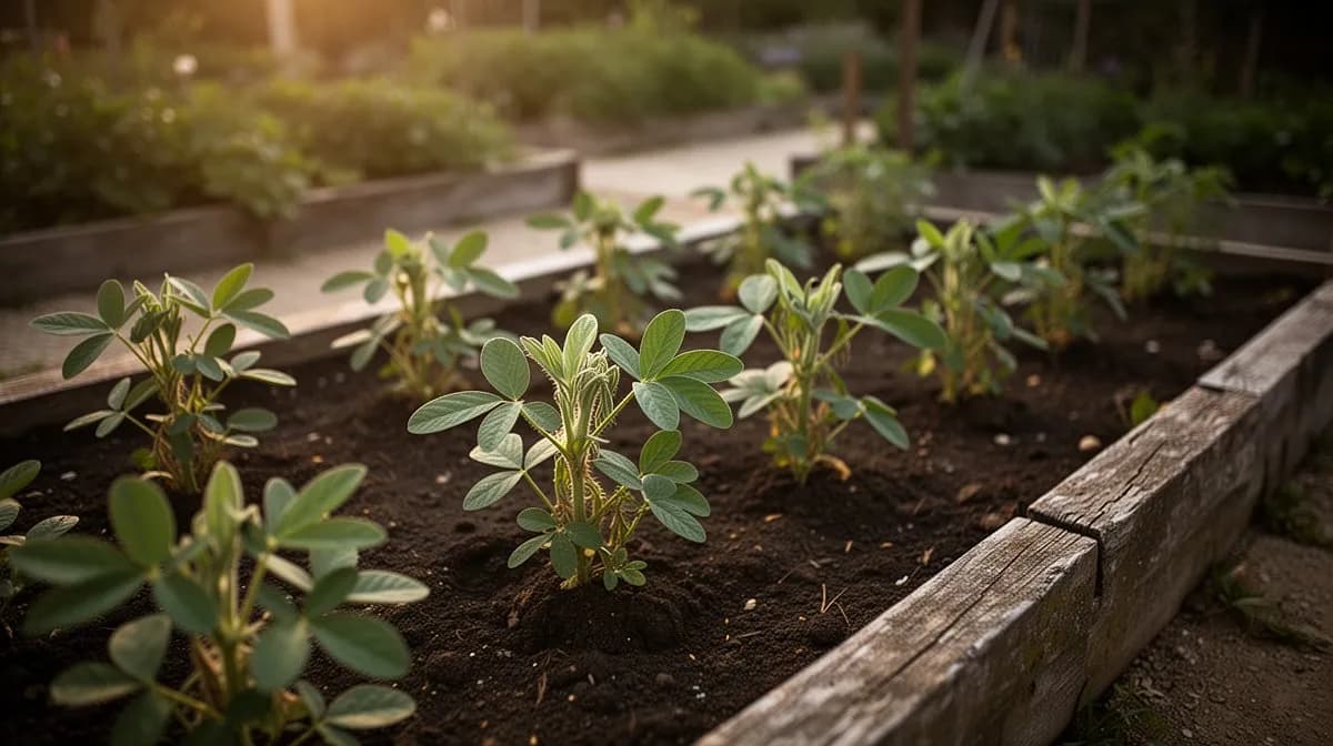 Reihen von buschigen Sojabohnenpflanzen, die in einem sonnigen Gemüsegarten wachsen