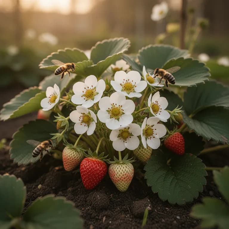 Tagneutrale Erdbeerpflanze in voller Blüte mit weißen Blüten