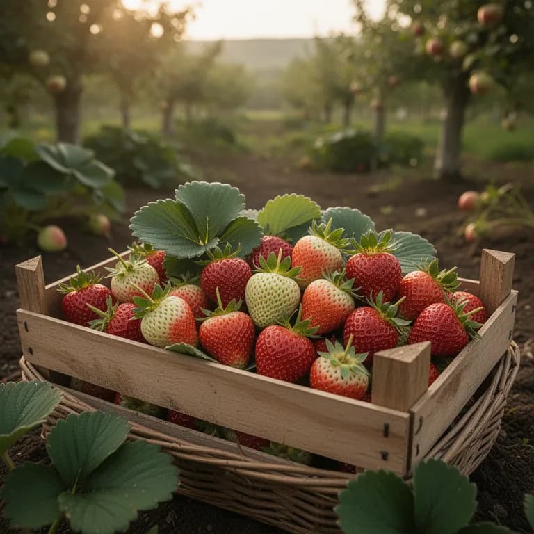 Traube reifer roter tagneutraler Erdbeeren an der Pflanze