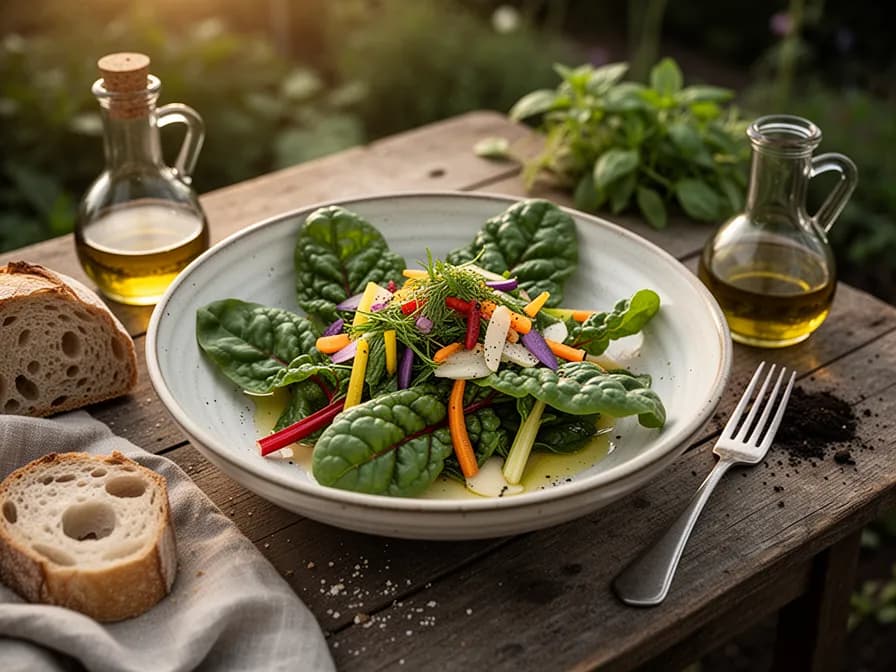 Sauteed Swiss chard with garlic in a pan