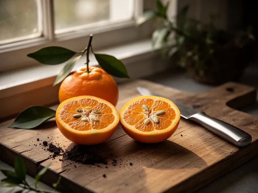 Frisch aufgeschnittene Mandarinenspalten mit saftigem orangefarbenem Fruchtfleisch