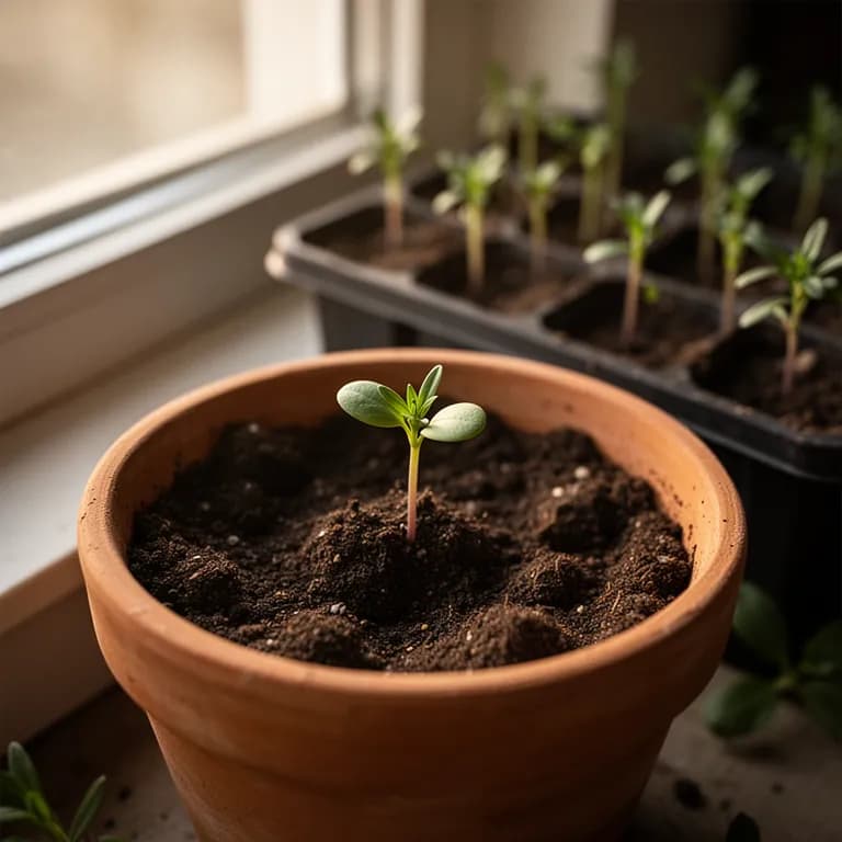 Planta joven de estragón emergiendo de un tiesto de inicio