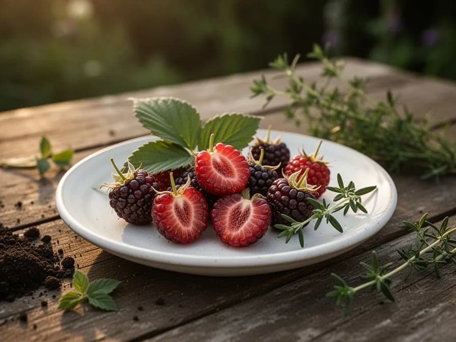 Junge Taybeeren-Ruten, die an einem Stützdraht in einer gepflegten Gartenreihe aufgebunden sind