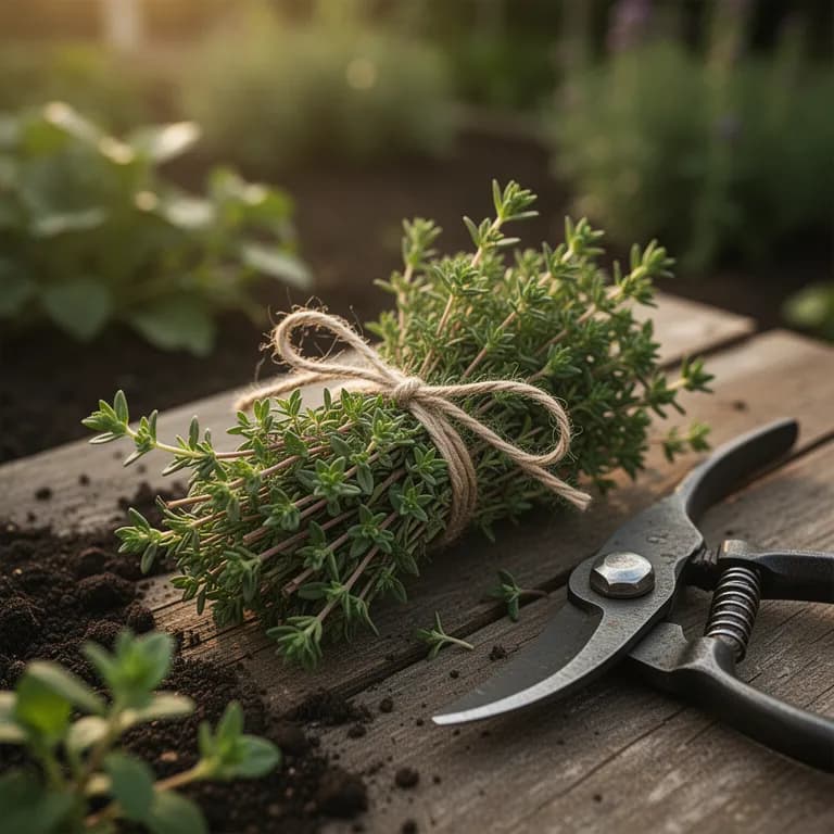 Fresh thyme sprigs being harvested with scissors