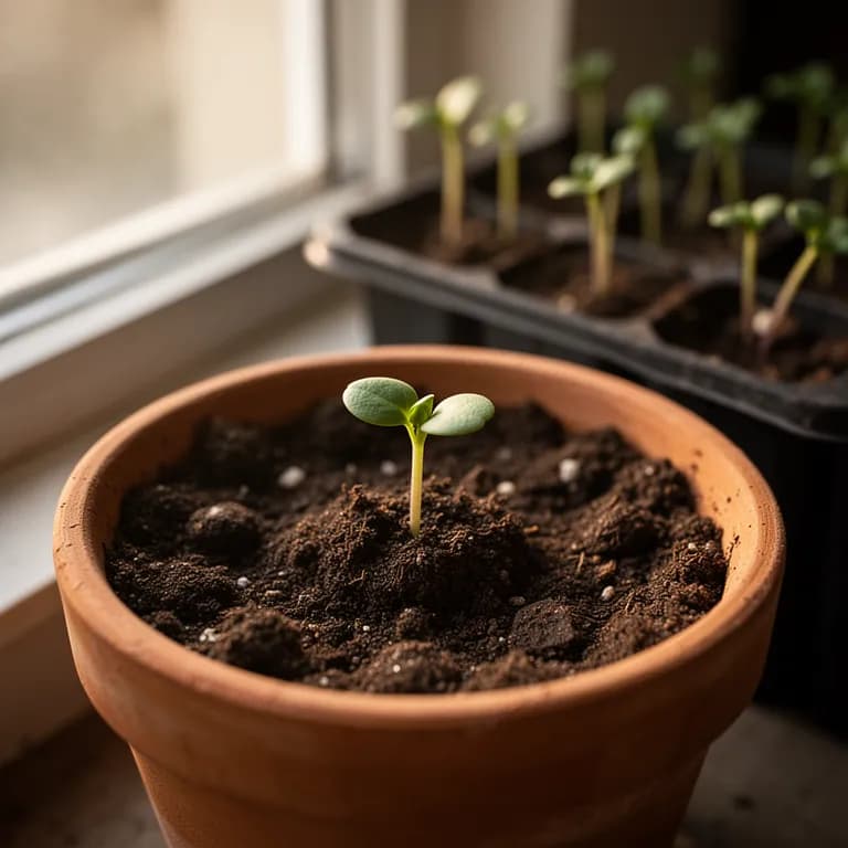 Young thyme seedlings emerging from soil