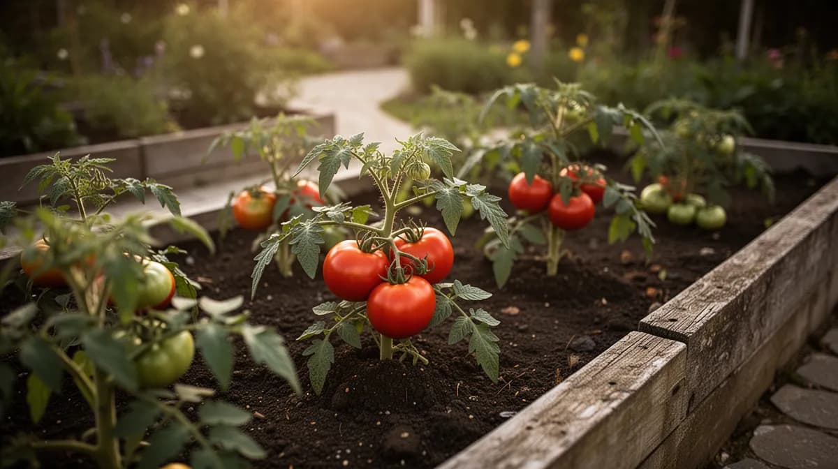 Beefsteak tomato plants growing on sturdy stakes in a sunny garden