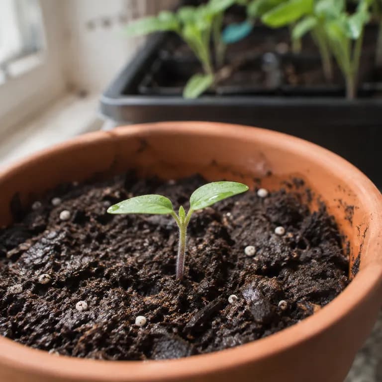 Jungpflanze der Ivuntian-Giant-Tomate mit den ersten echten Blättern