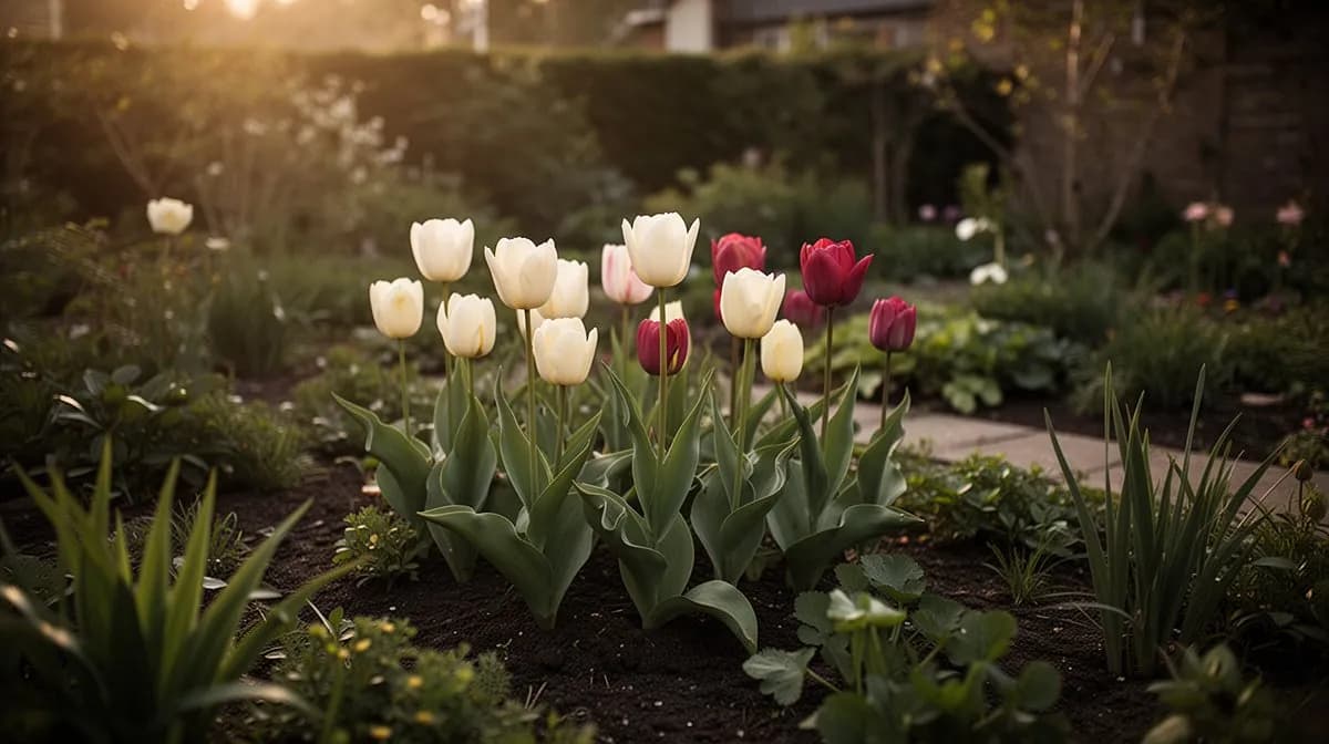 Tulip bulbs being planted in autumn soil