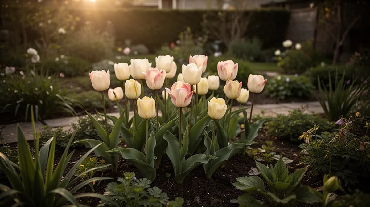 Mass planting of Darwin Hybrid tulips in mixed colors creating a dramatic spring display