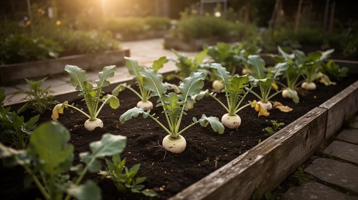 Steckrübenpflanzen mit üppigem grünem Laub in einem Gartenbeet