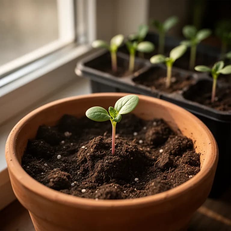 Young turnip seedlings emerging with rounded cotyledons