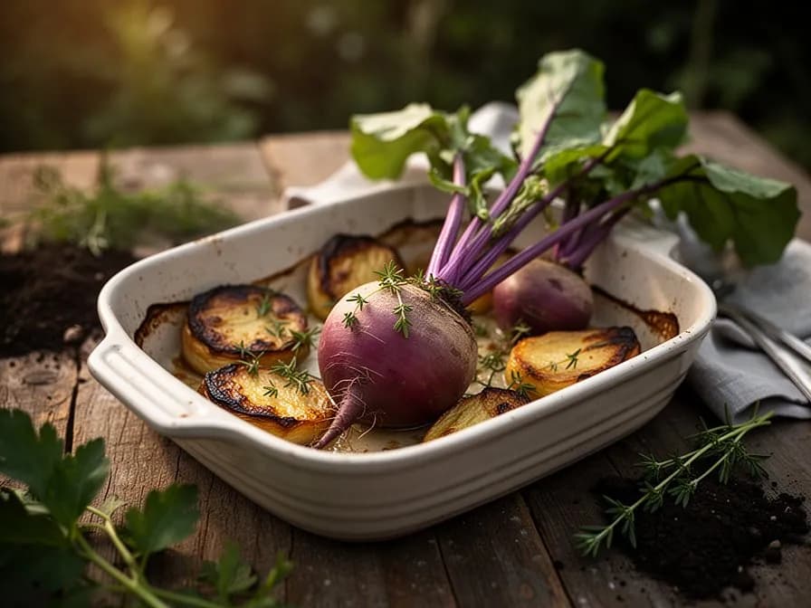 Schüssel mit cremigem Rübenpüree, garniert mit Butter und frischem Schnittlauch