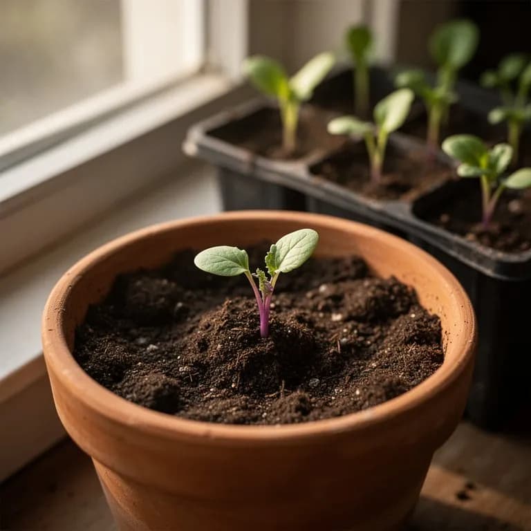 Junge Purple-Top-Rübensämlinge mit abgerundeten Keimblättern in einer Gartenreihe