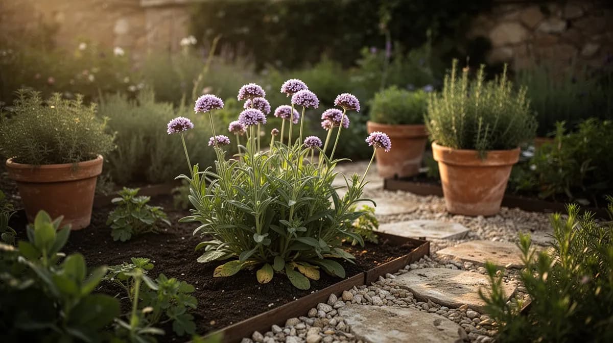 Plantas maduras de valeriana creciendo a lo largo de un borde de jardín rústico con sus altos tallos florales