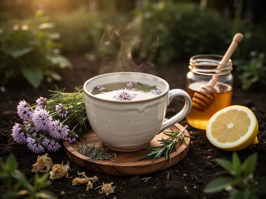 Una taza caliente de infusión de raíz de valeriana junto a trozos de raíz seca sobre una tabla de madera
