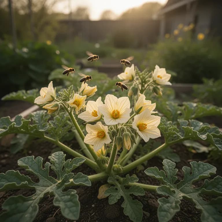 Leuchtend gelbe Wassermelonenblüte mit fünf Blütenblättern, die eine bestäubende Biene anzieht