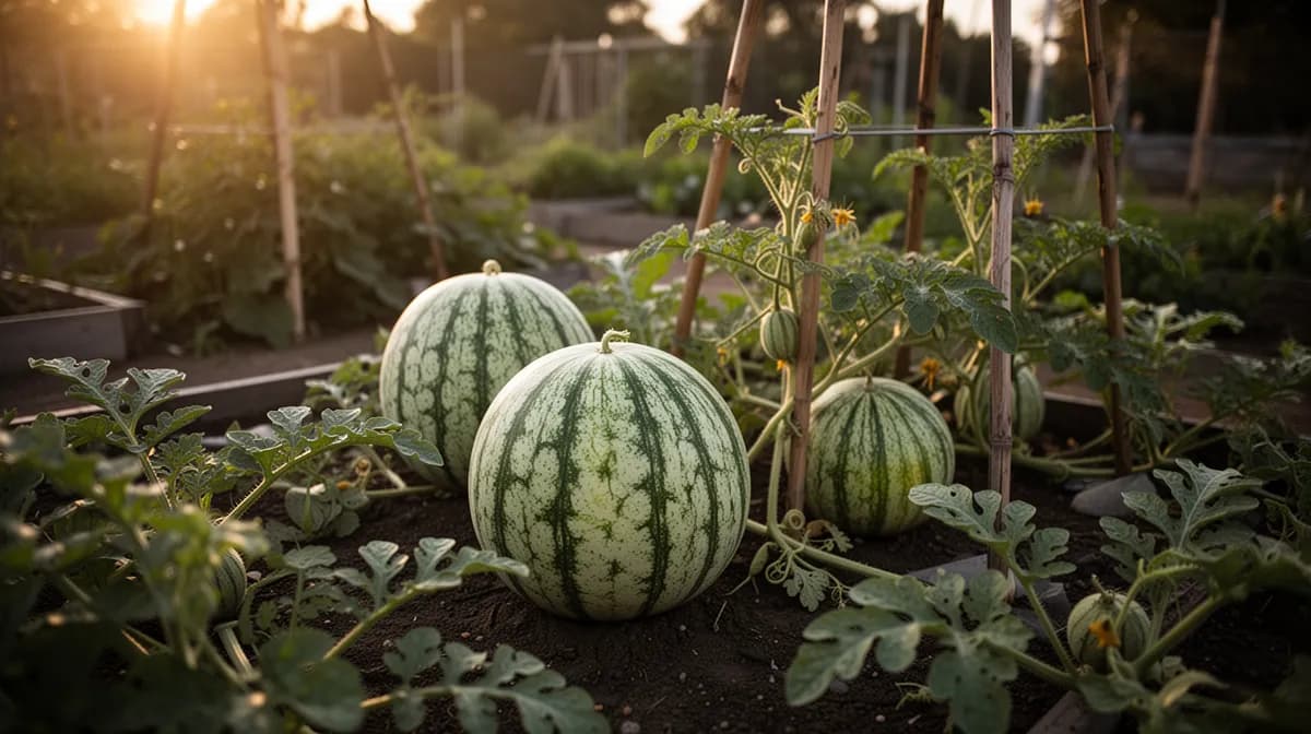 Wassermelone wächst neben Ringelblumen und Radieschen in einem Mischkulturbeet
