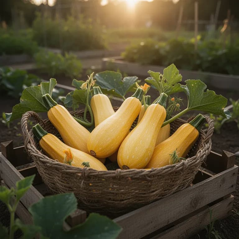 Frisch geerntete gelbe Crookneck- und Straightneck-Kürbisse in einem Gartenkorb