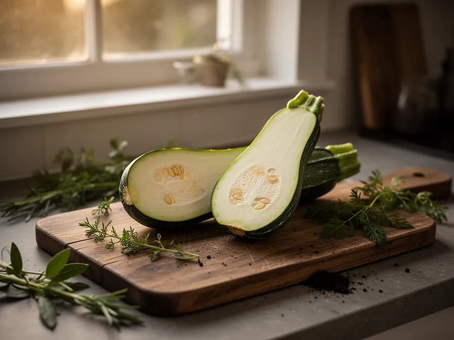 In Scheiben geschnittene Zucchinironden mit hellgrünem Inneren und kleinen Samen