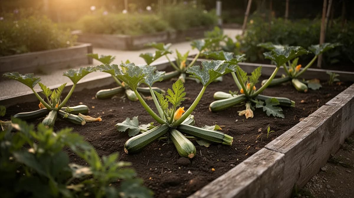Ausgewachsene Zucchinipflanze mit großen Blättern und sich entwickelnden Früchten im Gartenbeet