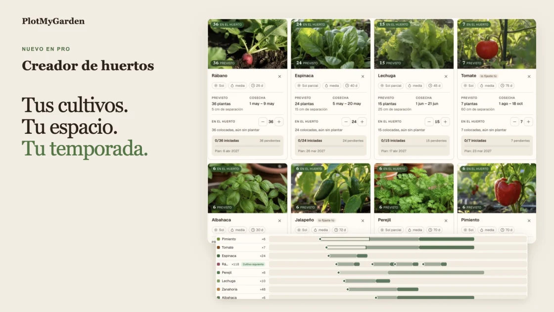 Creador de huertos: fotos de cultivos, cantidades y calendario de siembra